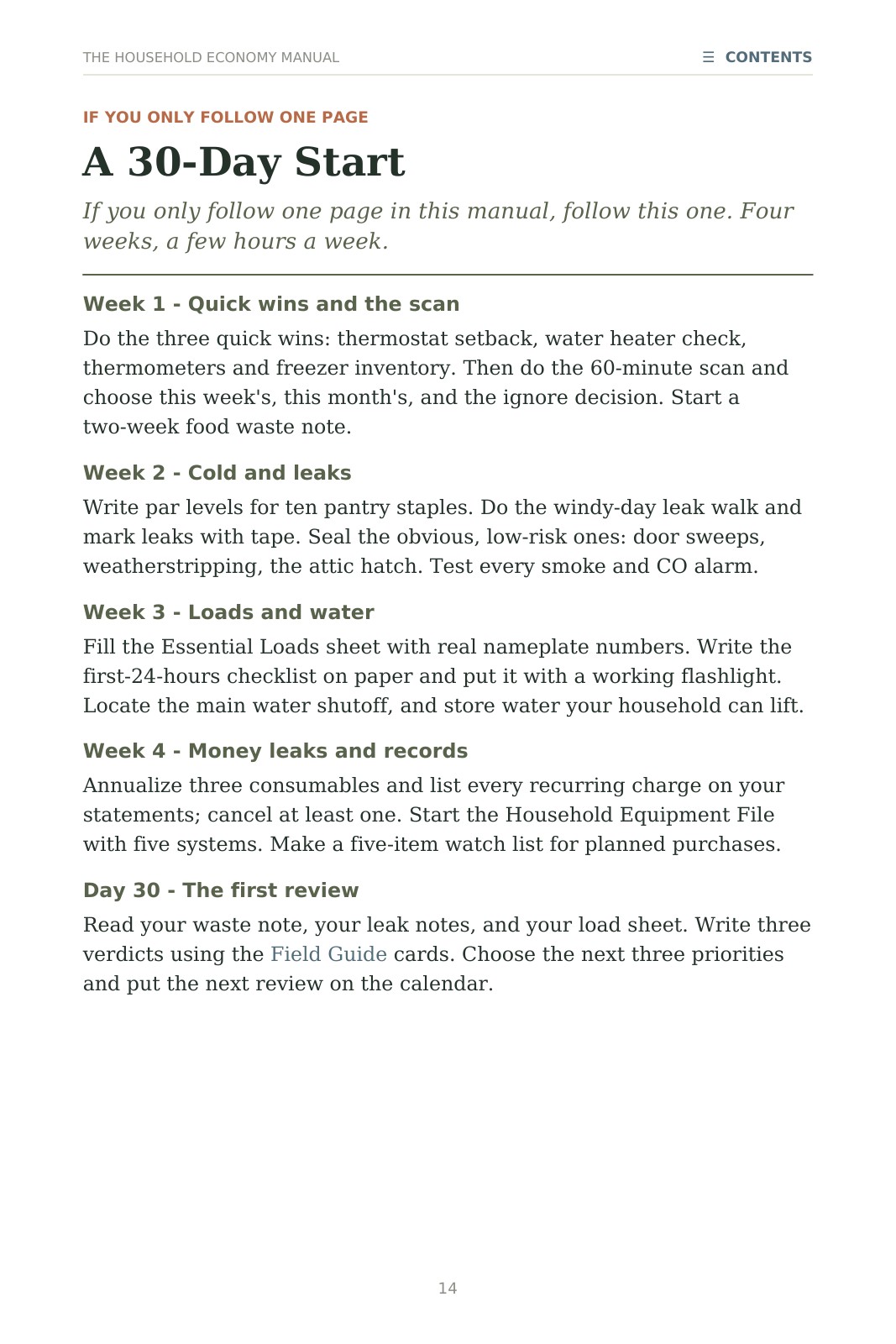 Page 14, A 30-Day Start. Week 1: quick wins and the scan. Week 2: cold and leaks. Week 3: loads and water. Week 4: money leaks and records. Day 30: the first review.